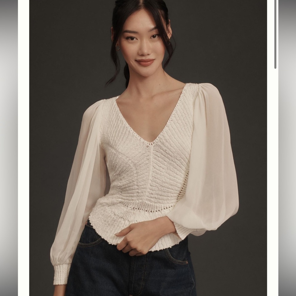 Anthropologie NWT sheer long sleeve V neck Ivory sweater